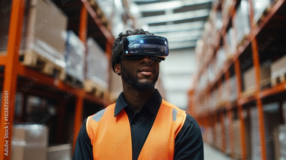A warehouse employee using AR glasses for guided picking, efficient logistics management, sleek and modern environment A warehouse employee using AR glasses for guided picking, efficient logistics management, sleek and modern environment