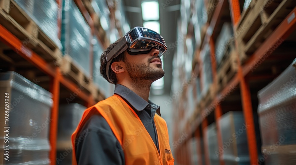 A warehouse employee using AR glasses for guided picking, efficient logistics management, sleek and modern environment A warehouse employee using AR glasses for guided picking, efficient logistics management, sleek and modern environment
