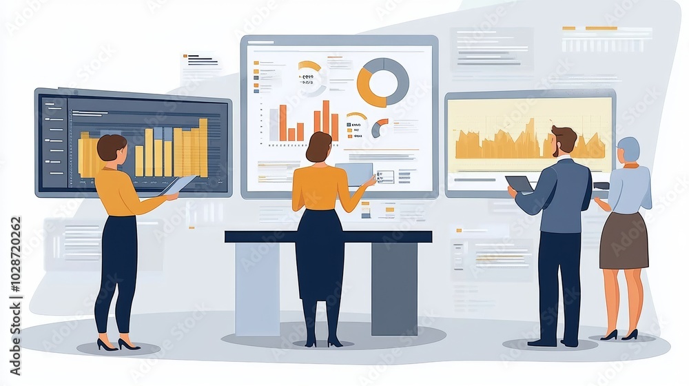 Fototapeta premium Vector illustration of office people: Creating strategic content with a focus on business analytics