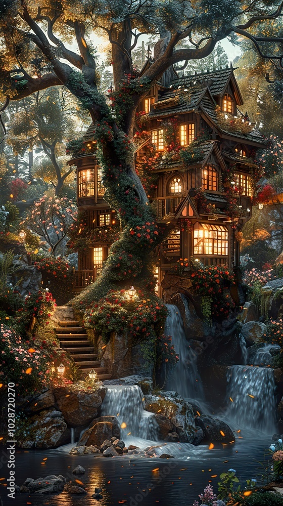 Obraz premium Enchanted Treehouse by a Waterfall - Magical Fantasy Landscape