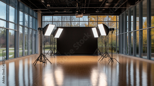 A professional photography setup with softboxes, spotlights, and umbrella lights surrounding a central stage, all equipment focused on achieving flawless lighting for an advertisin photo