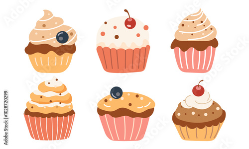 Set of cute cupcakes icon  isolated on white background. Sweet yummy cupcake, creamy cake, muffin collection vector ilustration. 