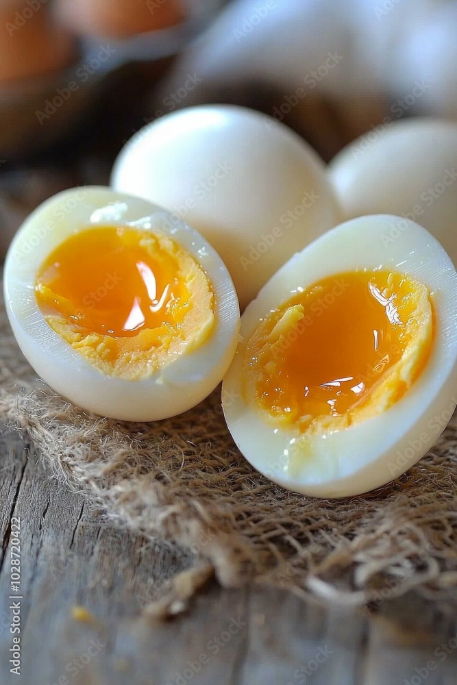 Raw eggs and boiled egg that cut into half on a clean table Raw eggs and boiled egg that cut into half on a clean table