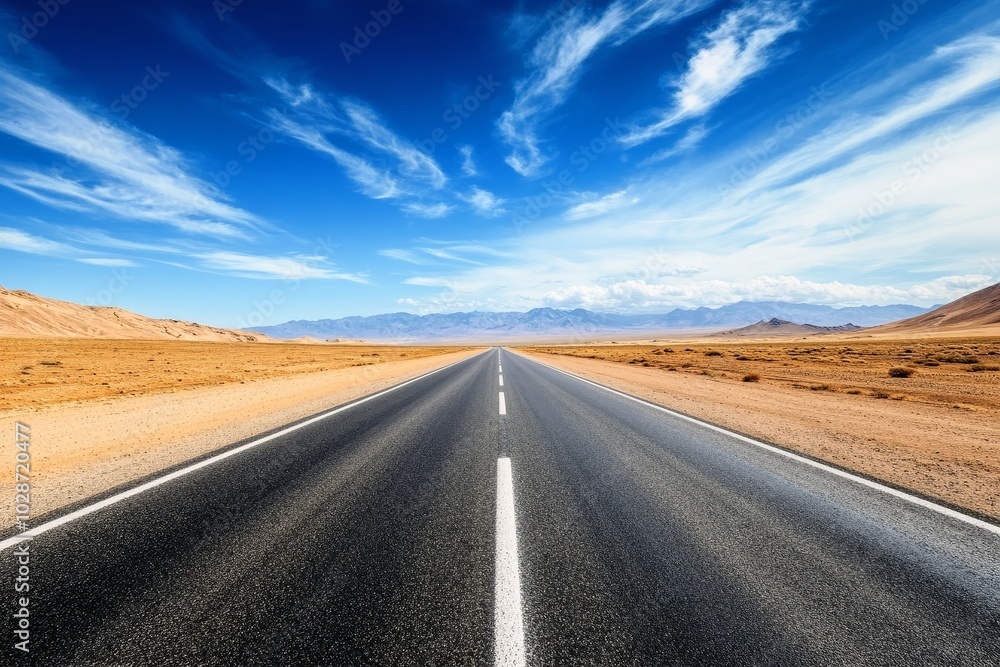 Fototapeta premium A long empty road stretching through a desert landscape.