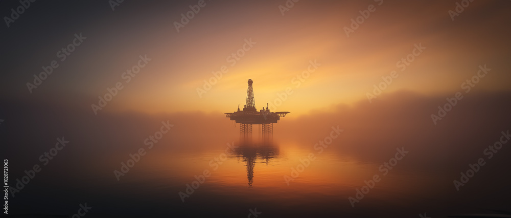 Offshore oil rig in the distance illuminated by the soft golden hues of sunset, reflecting over calm ocean waters. Stunning industrial landscape scene. Offshore oil rig in the distance illuminated by the soft golden hues of sunset, reflecting over calm ocean waters. Stunning industrial landscape scene.