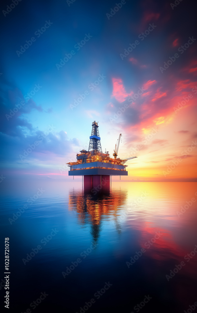 Offshore oil rig bathed in the soft, warm light of sunset, with clouds framing the scene. Captures the balance between industry and nature. Offshore oil rig bathed in the soft, warm light of sunset, with clouds framing the scene. Captures the balance between industry and nature.
