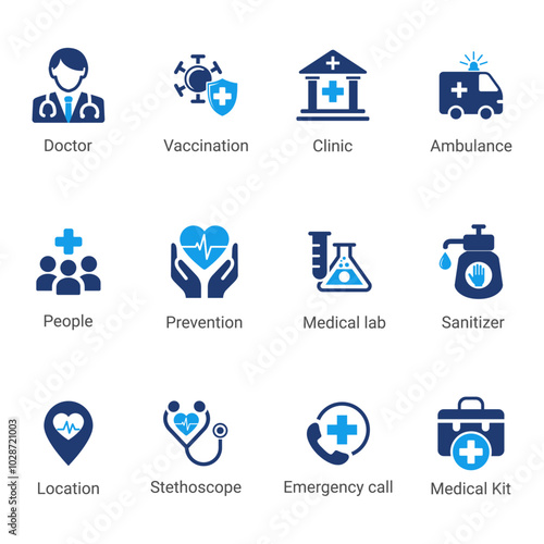 Medical Icons: various healthcare services, including doctor, vaccination, clinic, ambulance, stethoscope and medical kit