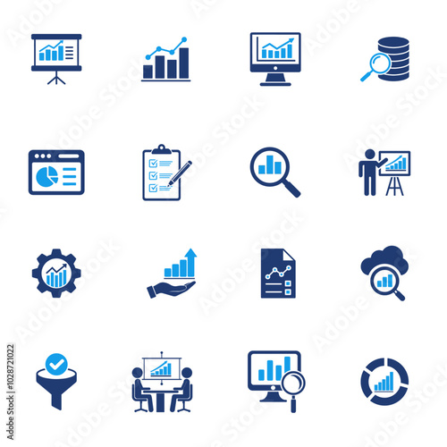 Business analytics icons set: growth, charts, data, reports and presentations. blue and white icons depicting