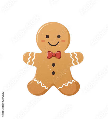 Smiling gingerbread man in cartoon style on a black background, adorned with a bow tie and white icing details. Great for festive, playful designs.