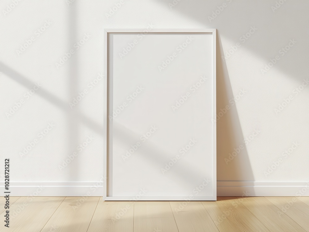 A blank white frame leaning against a wall, bathed in soft sunlight on a wooden floor. A blank white frame leaning against a wall, bathed in soft sunlight on a wooden floor.