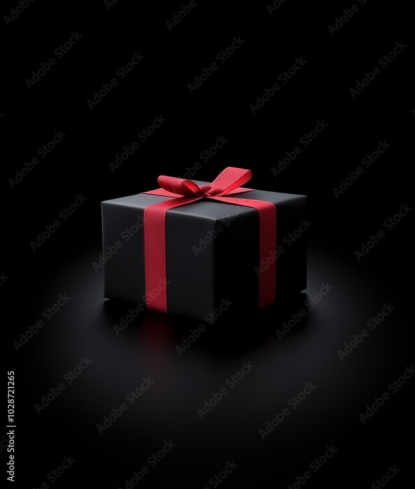 Obraz premium A neatly wrapped black Christmas gift box with a striking red ribbon tied in a perfect bow, standing out against a sleek black background, creating a luxurious festive aesthetic.