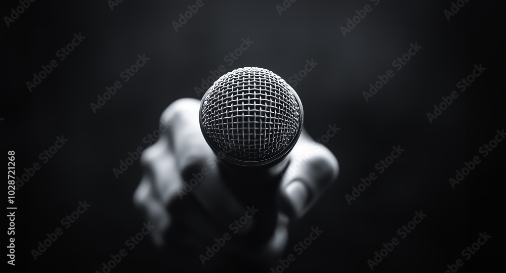 Detailed shot of a hand holding a professional microphone, showcasing the texture and detail of the microphone's mesh in a dramatic, low-light setting. Detailed shot of a hand holding a professional microphone, showcasing the texture and detail of the microphone's mesh in a dramatic, low-light setting.