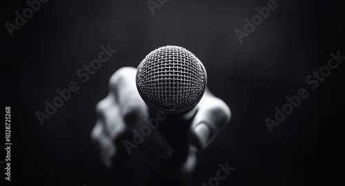 Detailed shot of a hand holding a professional microphone, showcasing the texture and detail of the microphone's mesh in a dramatic, low-light setting.