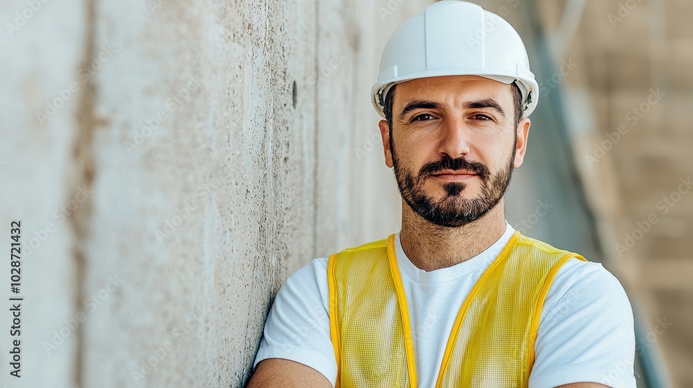 A construction worker in a hard hat and safety vest poses confidently against a concrete wall. A construction worker in a hard hat and safety vest poses confidently against a concrete wall.