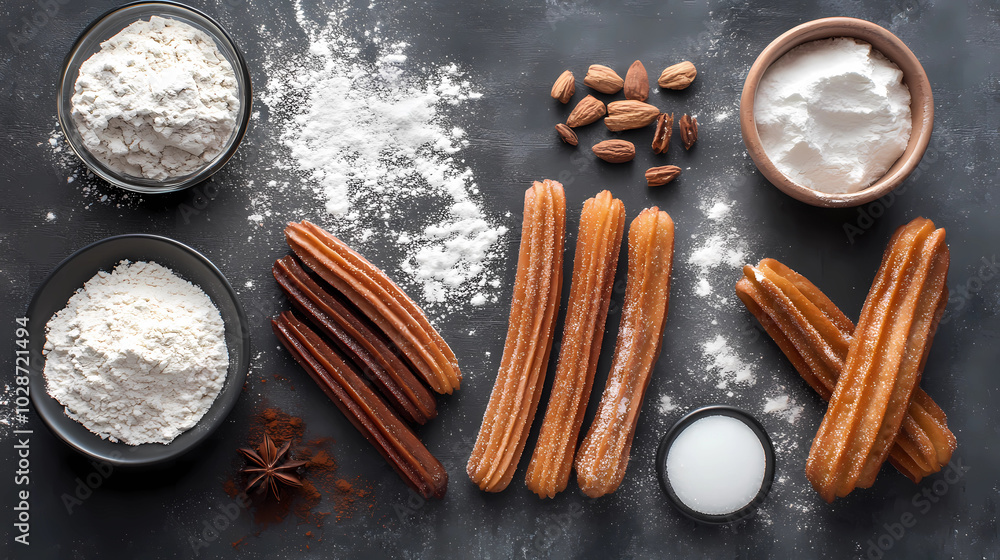 Fototapeta premium Churros Ingredients A flat lay image featuring the ingredients used to make churros, such as flour, sugar, and cinnamon