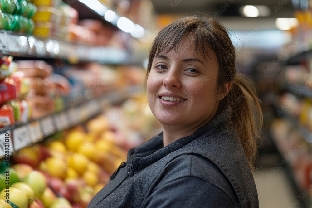Smiling woman with Down syndrome working in a grocery store, Generative AI Smiling woman with Down syndrome working in a grocery store, Generative AI