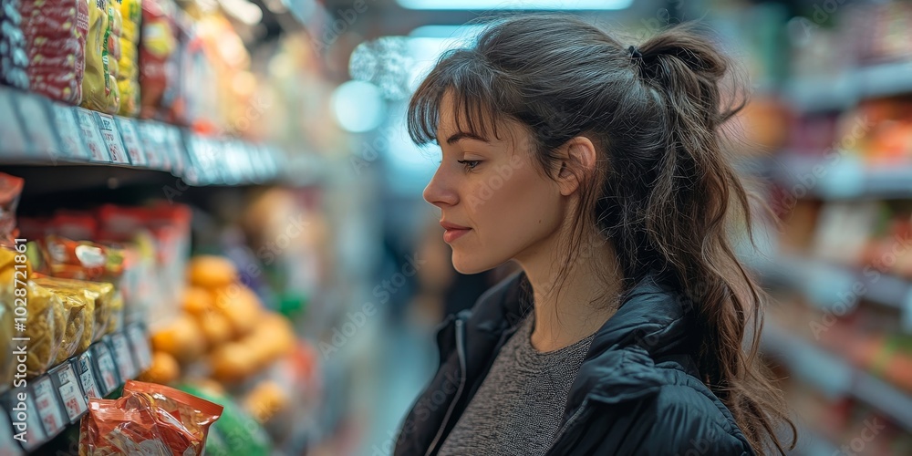 Young woman buying groceries in a supermarket, Generative AI Young woman buying groceries in a supermarket, Generative AI