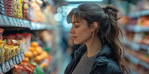 Young woman buying groceries in a supermarket, Generative AI
