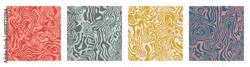 Psychedelic Wavy Seamless Patterns Set Vector Retro Styled Abstract Background. Crazy Funky Groovy Endless Wallpaper Collection. Unusual Warped Structure Unique Repetitive Texture Design Elements