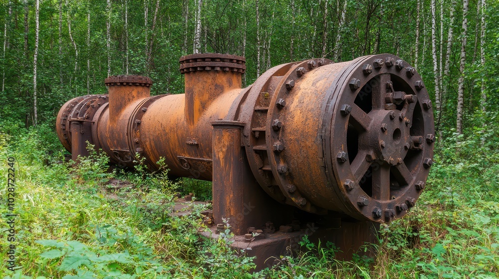 An abandoned, rusted pipe system surrounded by lush greenery, showcasing nature reclaiming industrial remnants. An abandoned, rusted pipe system surrounded by lush greenery, showcasing nature reclaiming industrial remnants.