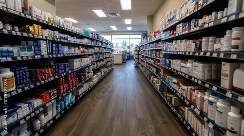 A wide-angle shot of pharmacy shelves fully stocked with a variety of prescription and over-the-counter medications, supplements, and wellness products, creating a professional hea