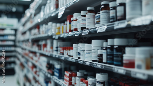 Wallpaper Mural A close-up of neatly arranged pharmacy shelves displaying a wide selection of medicinal tablets, syrups, and ointments, with clear labels offering easy access to healthcare solutio Torontodigital.ca