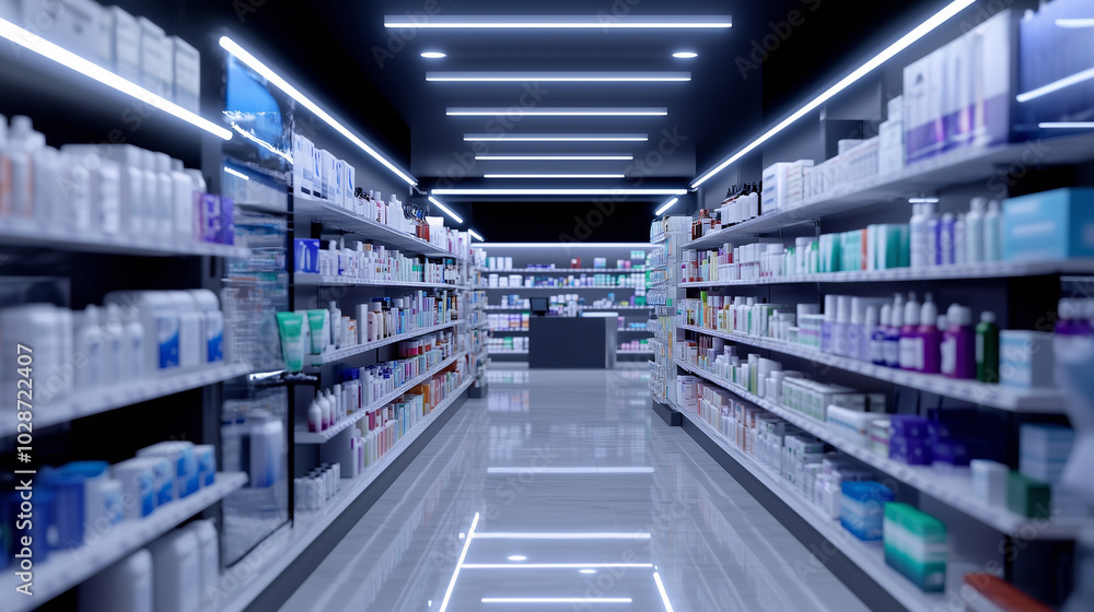 A visually appealing pharmacy aisle lined with various medicine packages, creams, and wellness products, catering to customersâ diverse healthcare requirements in a clean, organize A visually appealing pharmacy aisle lined with various medicine packages, creams, and wellness products, catering to customersâ diverse healthcare requirements in a clean, organize