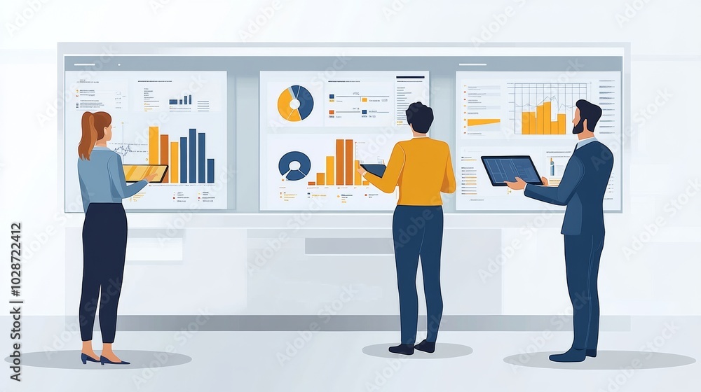 Obraz premium Vector illustration of office people: Mastering digital marketing with data-driven insights and creative approaches