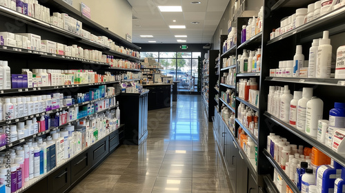 A pharmacy aisle with neatly arranged shelves filled with healthcare products ranging from vitamins to prescription medications, providing a welcoming and professional retail space