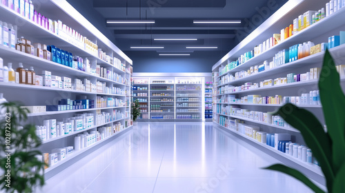 A modern pharmacy interior with organized shelves full of healthcare products, ranging from vitamins and dietary supplements to pharmaceutical medications for various conditions.