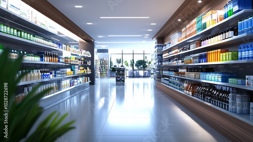 A sleek, modern pharmacy retail space featuring well-lit shelves filled with diverse medications, vitamins, and wellness products, creating an inviting healthcare shopping environm