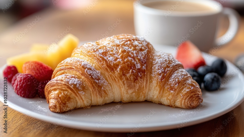 A Buttery Croissant with Powdered Sugar Served on a White Plate with Fruits A Buttery Croissant with Powdered Sugar Served on a White Plate with Fruits