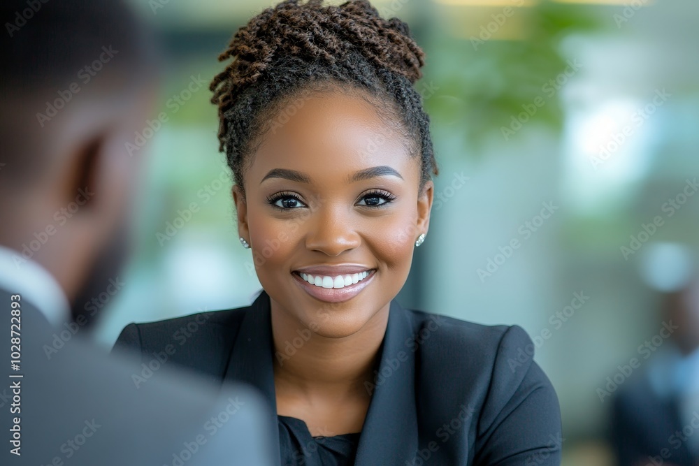 Smiling businesswoman taking interview of a job applicant, Generative AI Smiling businesswoman taking interview of a job applicant, Generative AI