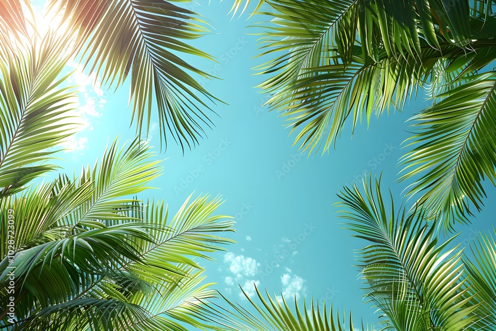 The sun shines through the leaves of palm trees The sun shines through the leaves of palm trees