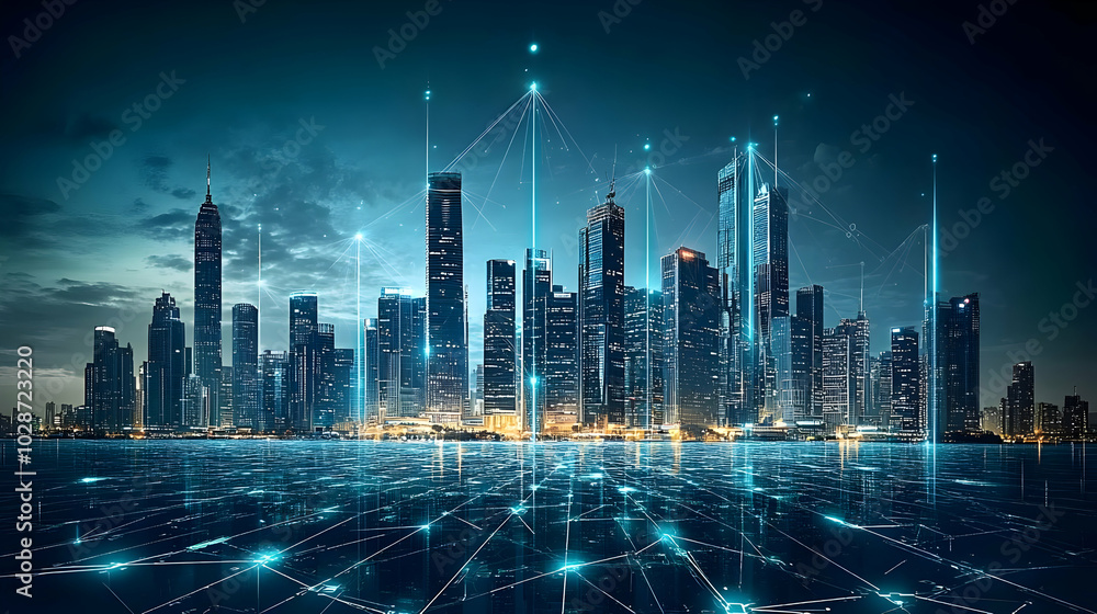 Futuristic city skyline with digital connections and technology themes. Futuristic city skyline with digital connections and technology themes.