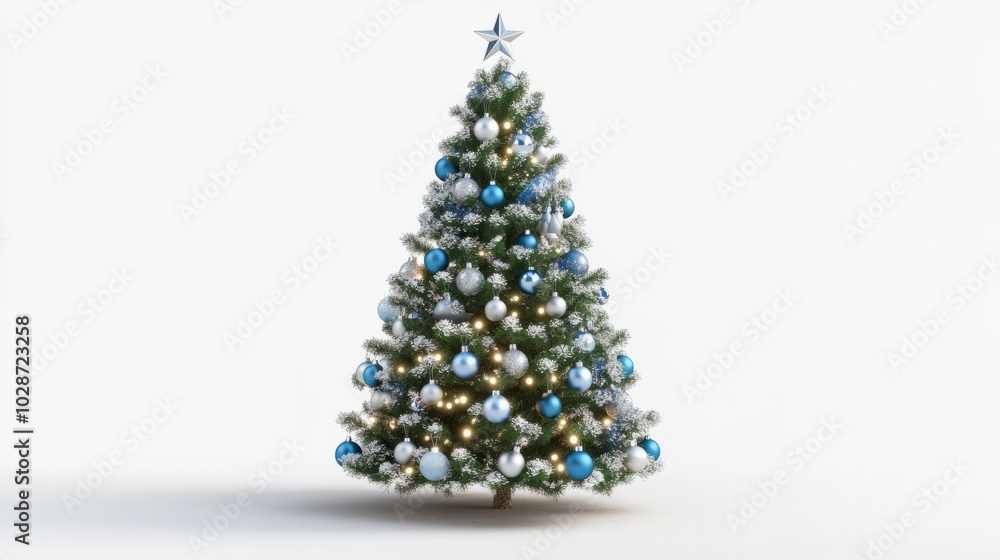 snowy christmas tree with blue ornaments isolated on white snowy christmas tree with blue ornaments isolated on white