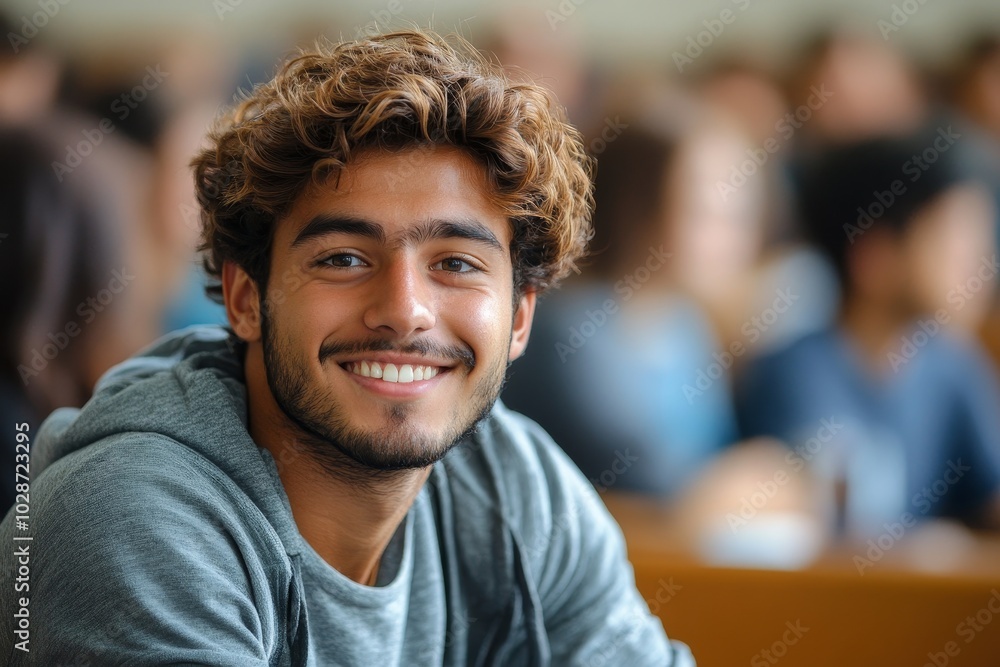 Smiling male student sitting in university classroom, Generative AI Smiling male student sitting in university classroom, Generative AI