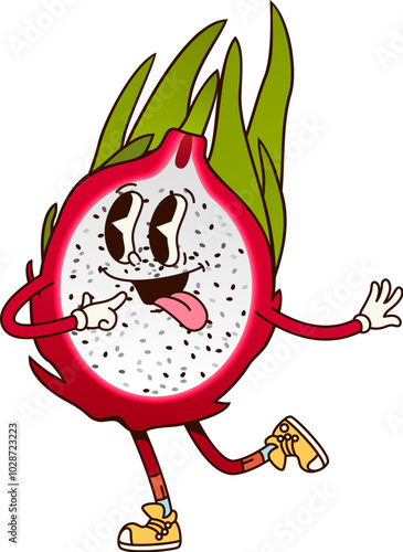 Cartoon retro groovy funny pitahaya dragon fruit character with funky face, comic vector. Groovy dragon fruit or pitaya with tongue out and quirky yummy smile expression for comic retro cartoon fruit