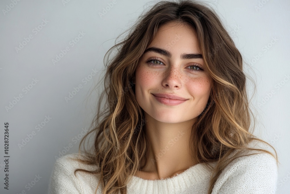 Fototapeta premium Happy young woman looking away with a smile while standing in a studio, Generative AI