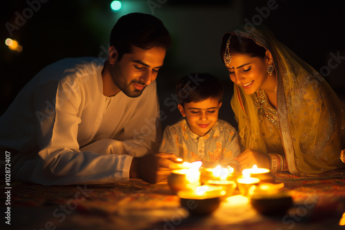 Family celebrating cultural traditions, vibrant and meaningful.A warm family is joyfully sitting together at a table with lit candles photo