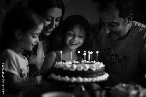 Family celebrating a birthday party with a homemade cake, heartfelt moments. photo