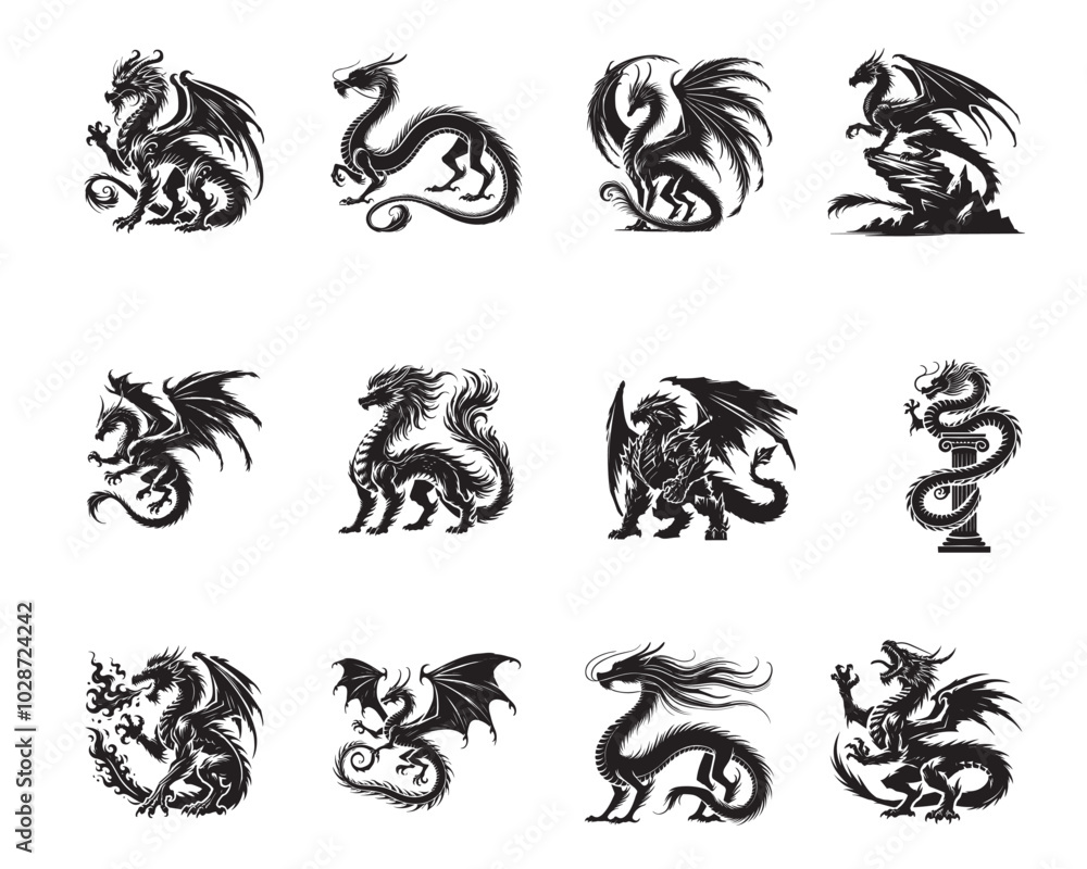 Obraz premium Collection Dragon Vector Illustration - Dragon Clipart Design 