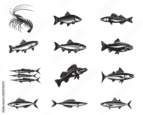 Fishes Vector illustration in black and white - Fish Clipart silhouette Design Bundle