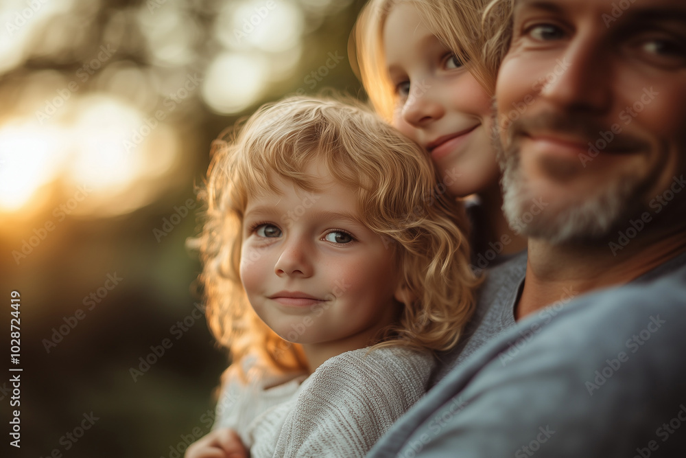 Parents supporting children in extracurricular activities, pride and encouragement.A man is gently holding two small children in his arms with care Parents supporting children in extracurricular activities, pride and encouragement.A man is gently holding two small children in his arms with care