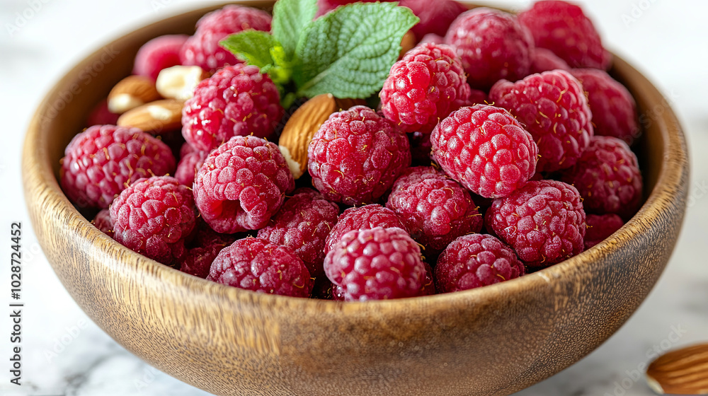 Fresh and Vibrant Raspberries in a Wooden Bowl With Almonds and Mint on a Marble Counter Fresh and Vibrant Raspberries in a Wooden Bowl With Almonds and Mint on a Marble Counter