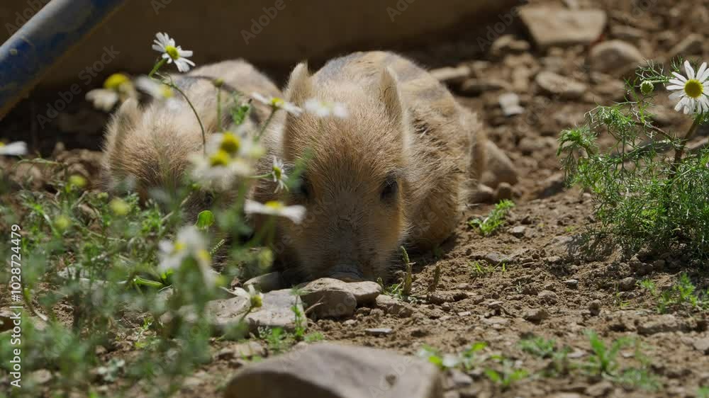 Two Small wild boars cuddling together behind a chamomile plant Two Small wild boars cuddling together behind a chamomile plant