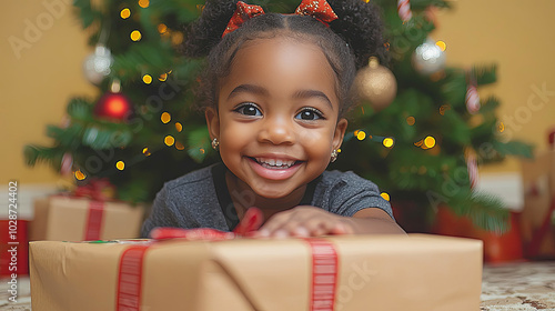 A Joyful Little Girl Smiling While Reaching for a Christmas Gift Near a Beautifully Decorated Tree on a Festive Holiday Morning photo