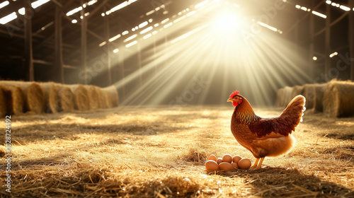 A vibrant farm interior featuring a brown hen comfortably settled on her eggs, surrounded by sunlit hay bales and rustic wooden beams, evoking a sense of tranquility in rural livin