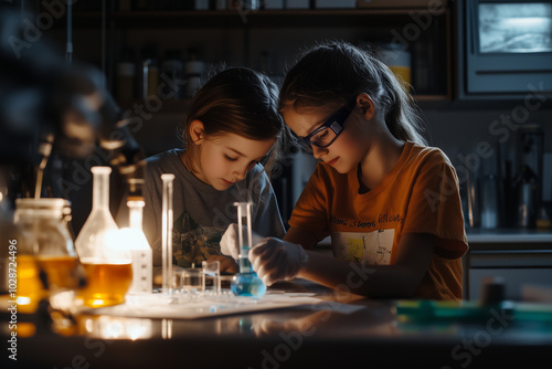 Siblings working together on a science project, cooperative learning.Two young girls are engaged in an exciting science experiment in a laboratory photo