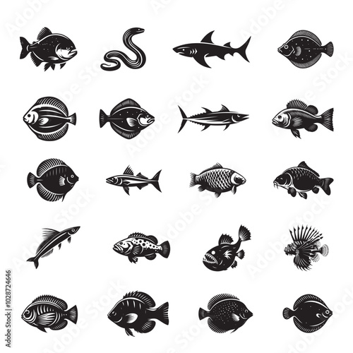 Fishes Vector illustration in black and white - Fish Clipart silhouette Design Bundle
